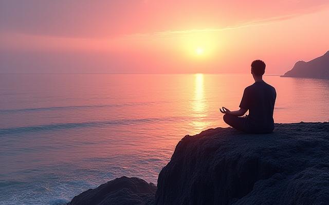 제주 바닷가에서 일출을 바라보며 명상하는 모습