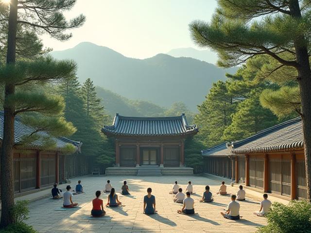 고요한 한국의 산사에서 요가와 명상을 하는 사람들