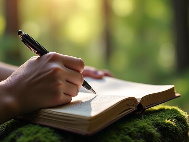 자연 속에서 평화롭게 일기를 쓰는 여성