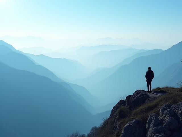 안개가 자욱한 산 정상에서 자연을 바라보는 사람